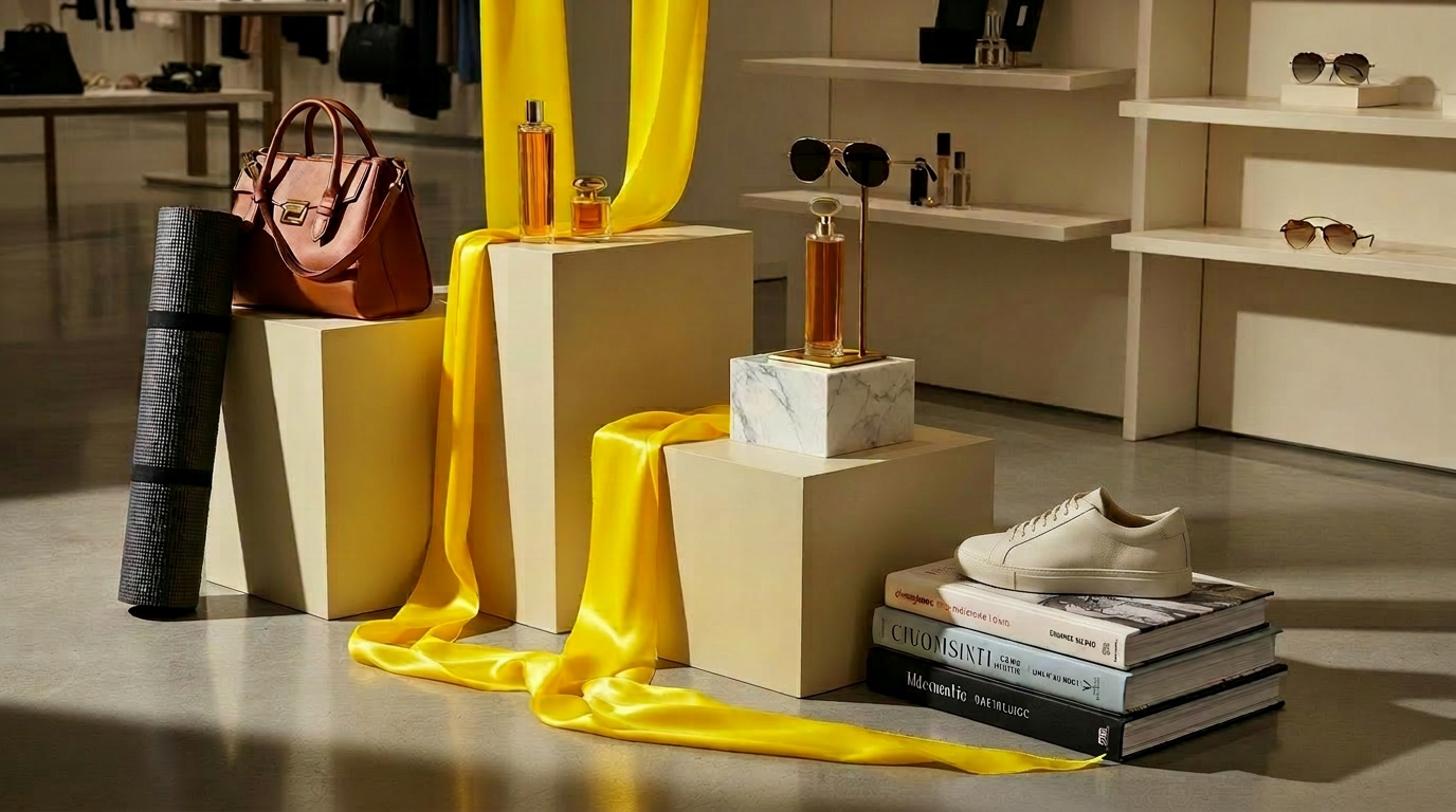 Modern retail store aisle with yellow ribbon cascading across mixed product shelves